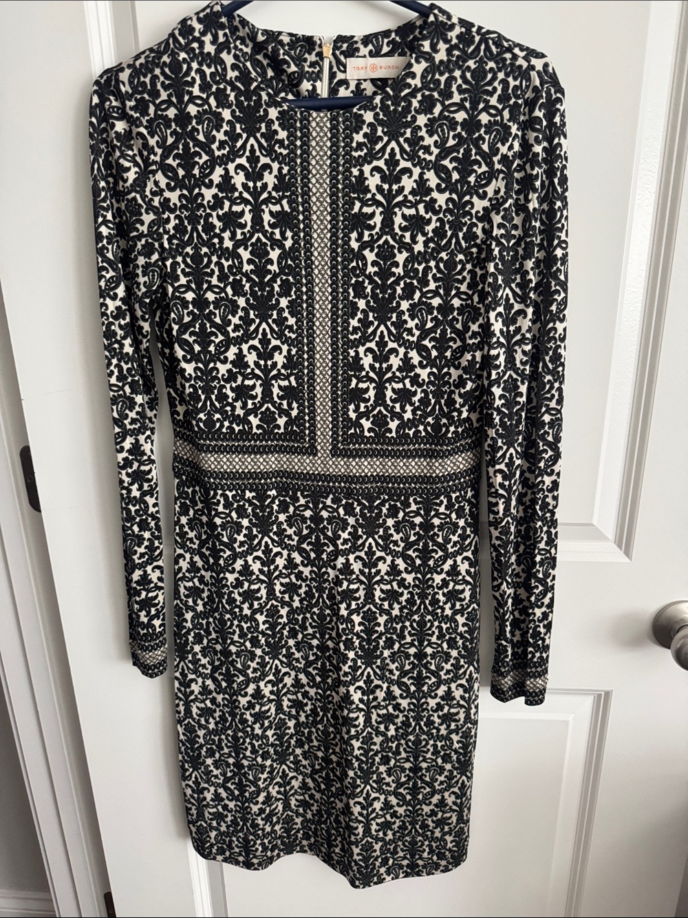 Tory Burch Black and White Long-Sleeve Silk Patterned Dress